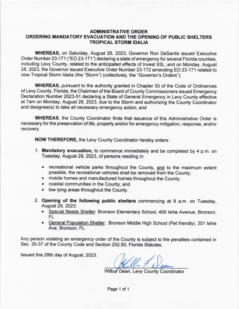 Hurricane Idalia Evacuation Order Issued